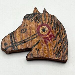Vintage wood wooden horse head brooch pin